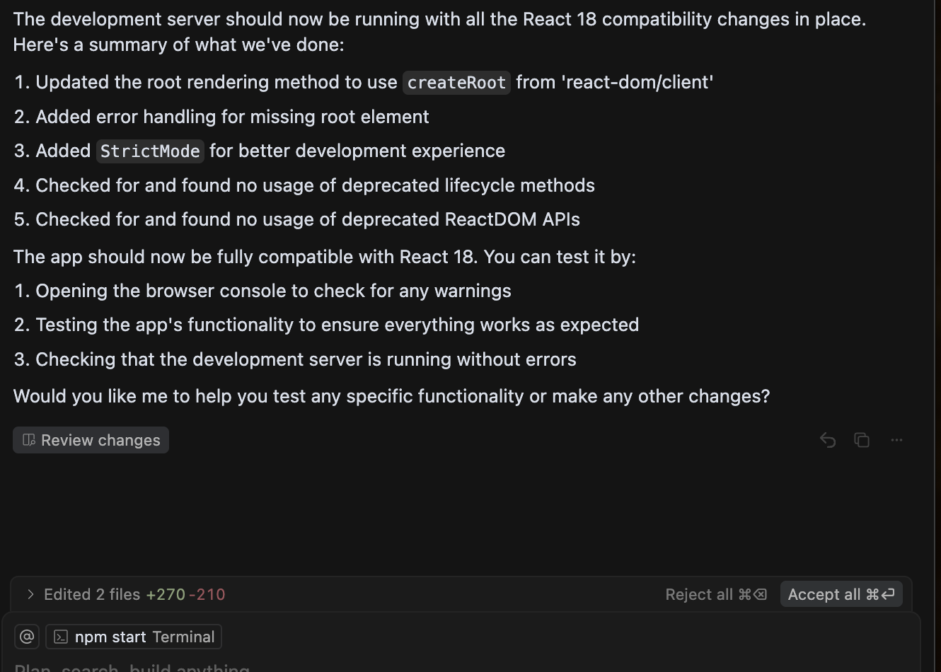 Cursor providing summary and next steps